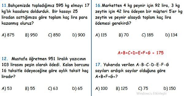 4.Sınıf Matematik Bölme İşlemi Yaprak Test-6