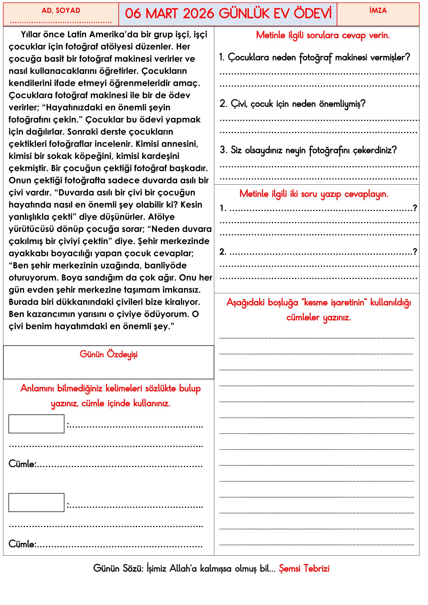 3.Sınıf - 06 Mart 2026 Günlük Ev Ödevleri