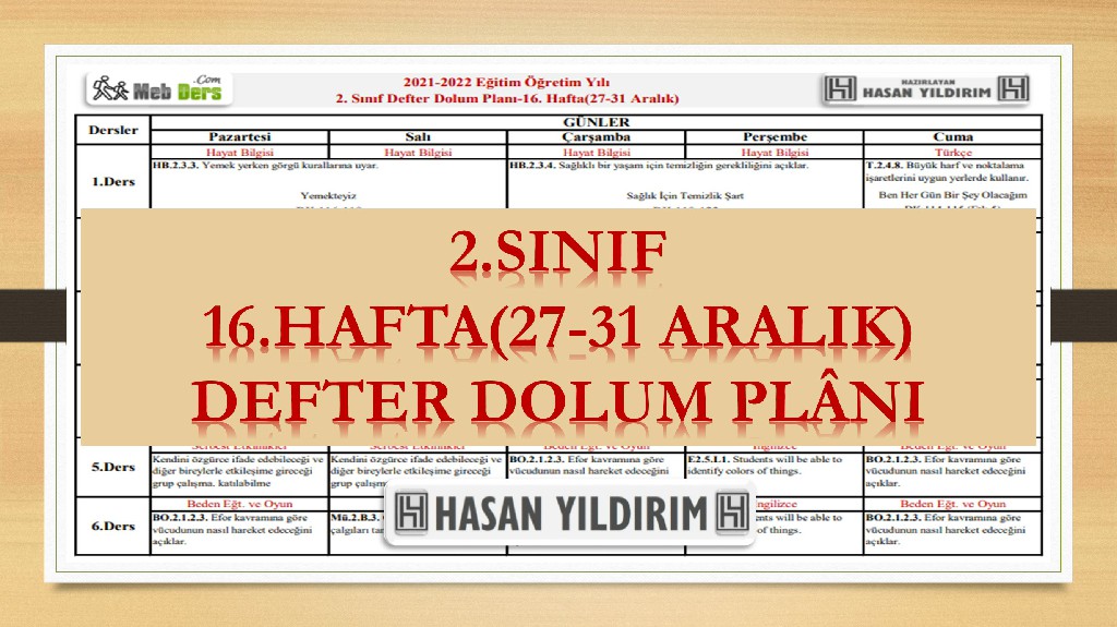 2.Sınıf 16.Hafta(27-31 Aralık) Defter Dolum Planı