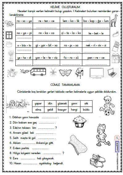 1. Sınıf Türkçe Kelime Oluşturma ve Cümle Tamamlama Etkinliği