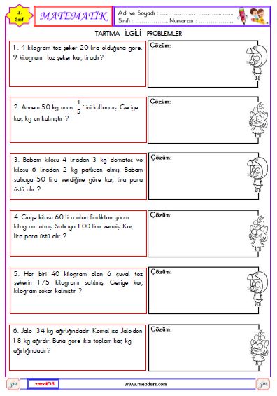 3. Sınıf Matematik Tartma İle İlgili Problemler Etkinliği 3