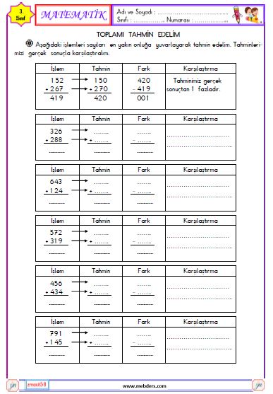 3. Sınıf Matematik Toplamı Tahmin Edelimi Etkinliği 1