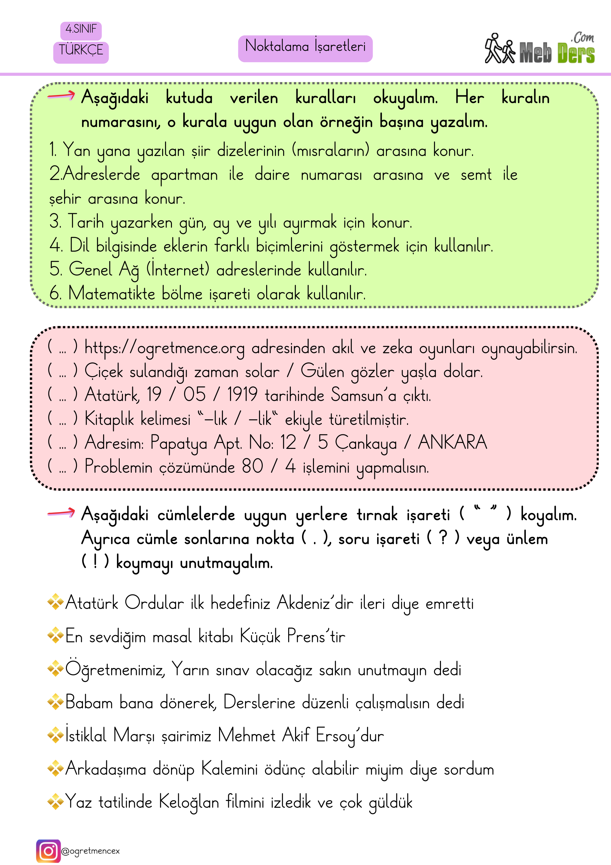 4. Sınıf Türkçe Noktalama İşaretleri (Eğik Çizgi ve Tırnak İşareti) Çalışma Sayfası