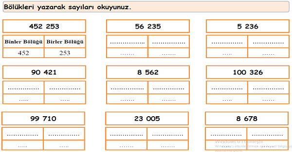 4.Sınıf Matematik Doğal Sayılarda Bölükler - Basamaklar Etkinliği 1