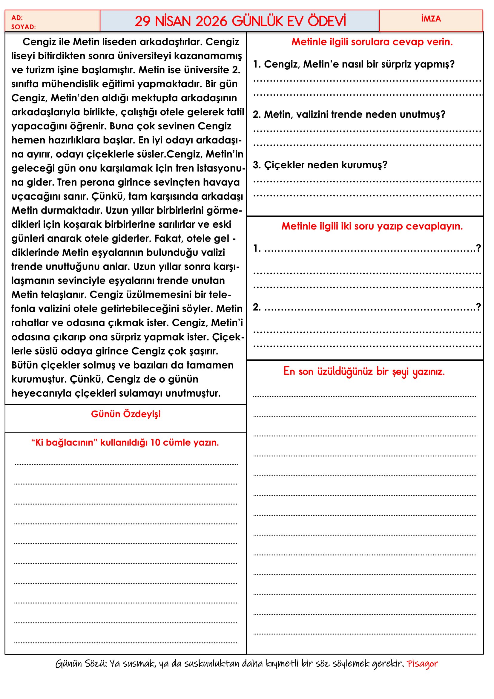 4.Sınıf - 29 Nisan 2026 Günlük Ev Ödevleri