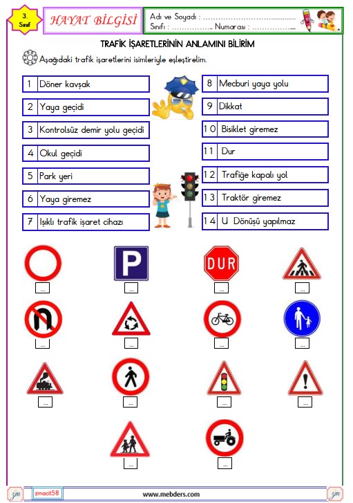 3. Sınıf Hayat Bilgisi Trafik İşaretlerinin Anlamını Bilirim Etkinliği