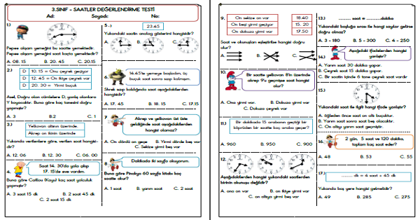 3.Sınıf Matematik Saatler Değerlendirme Testi
