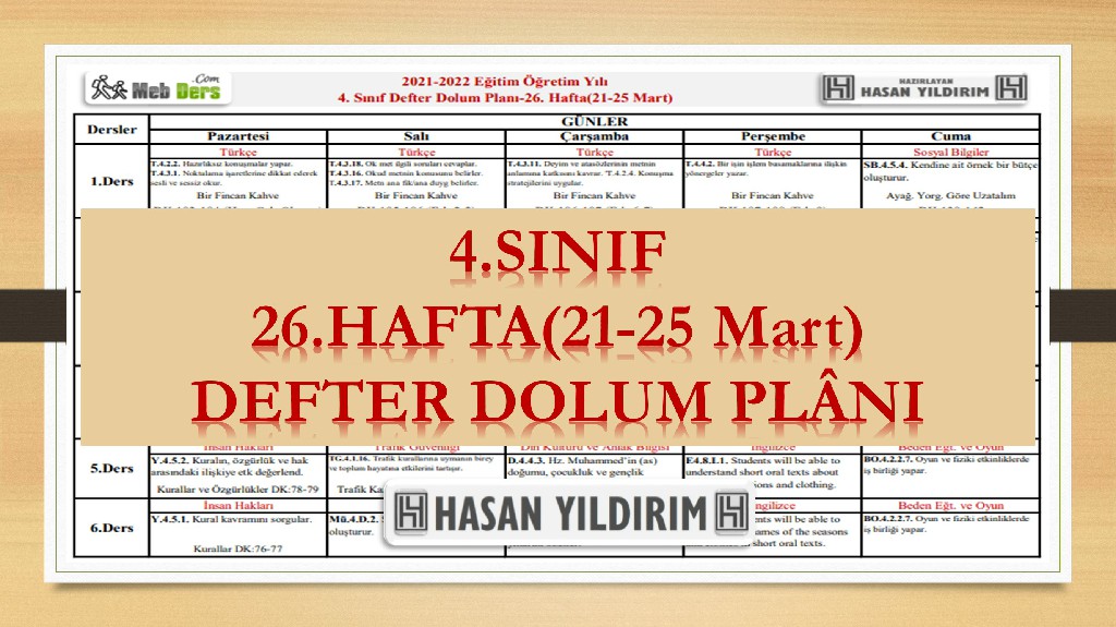 4.Sınıf 26.Hafta(21-25 Mart) Defter Dolum Planı