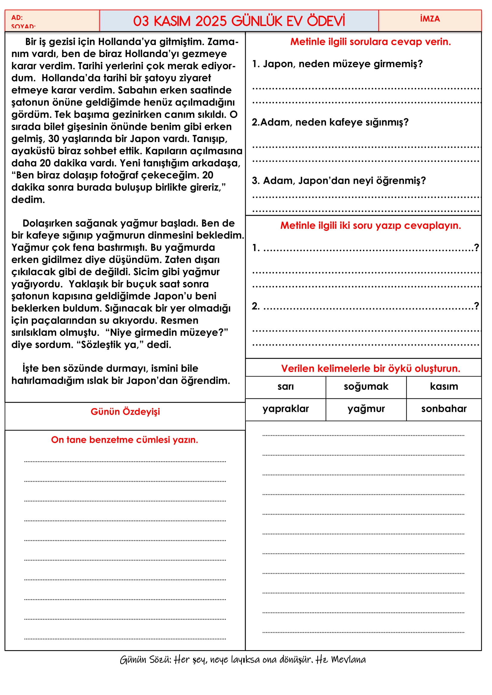 4.Sınıf - 03 Kasım 2025 Günlük Ev Ödevleri