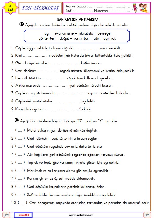 4. Sınıf Fen Bilimleri Saf Madde ve Karışım Etkinliği 3