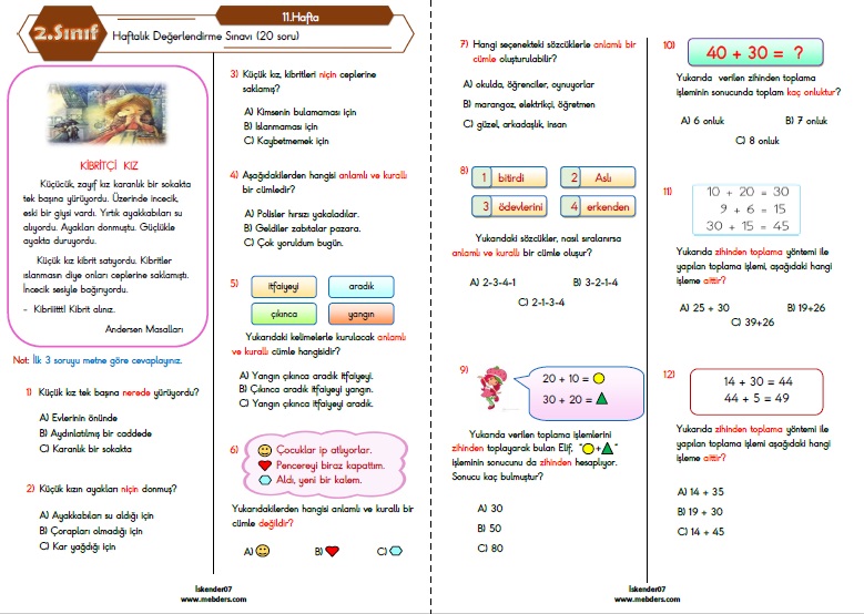 2.Sınıf Haftalık Değerlendirme Testi - 11.Hafta (28 Kasım - 2 Aralık)