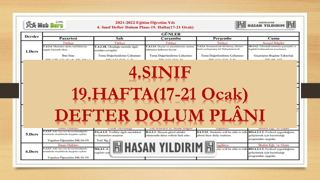 4.Sınıf 19.Hafta(17-21 Ocak) Defter Dolum Planı