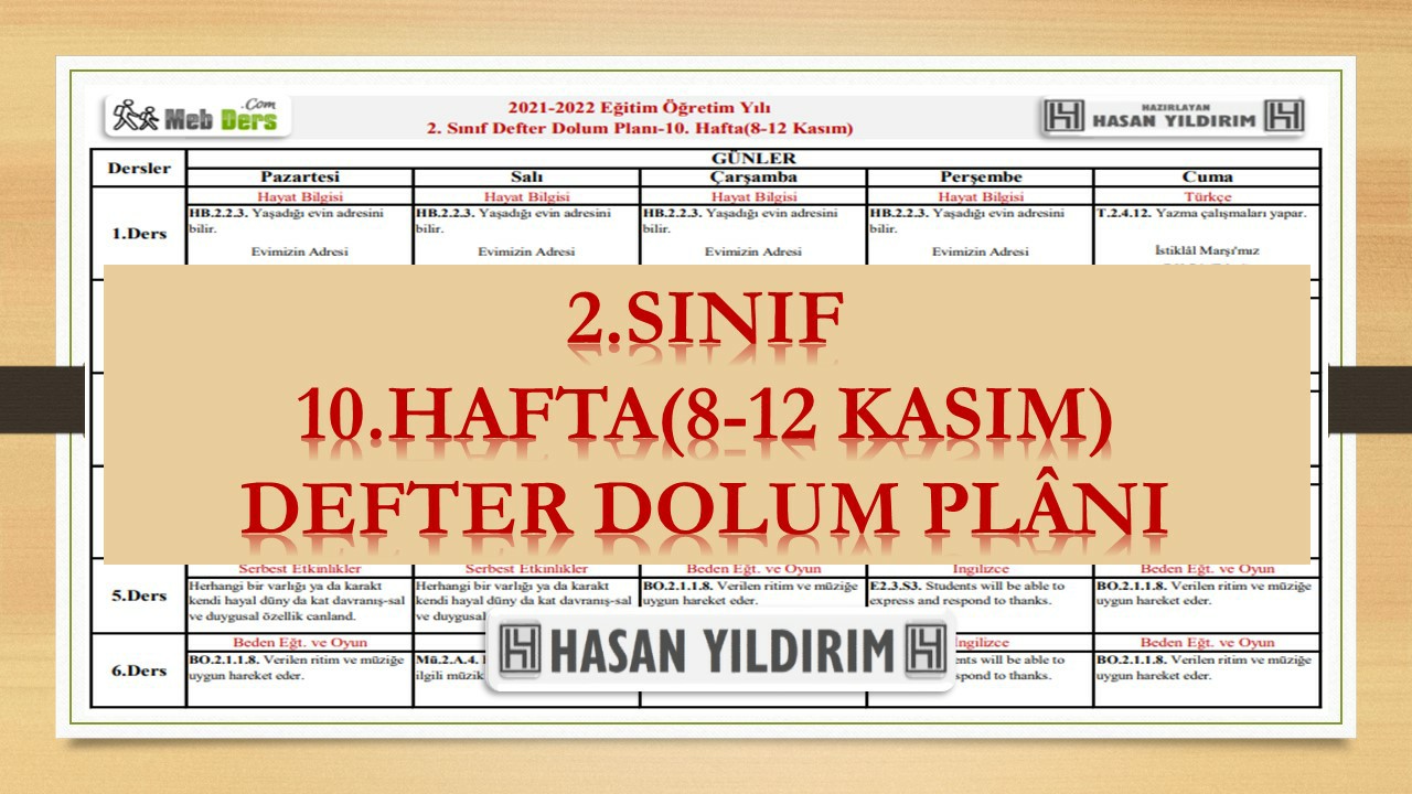 2.Sınıf 10.Hafta(8-12 Kasım) Defter Dolum Planı