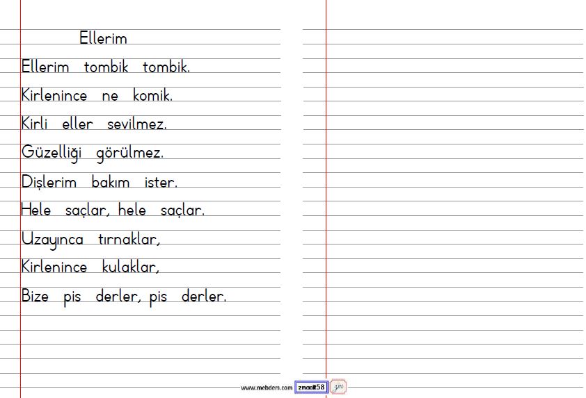 1. Sınıf Türkçe Çizgili Defter Sayfasına Yazma ve Okuma Etkinliği 4