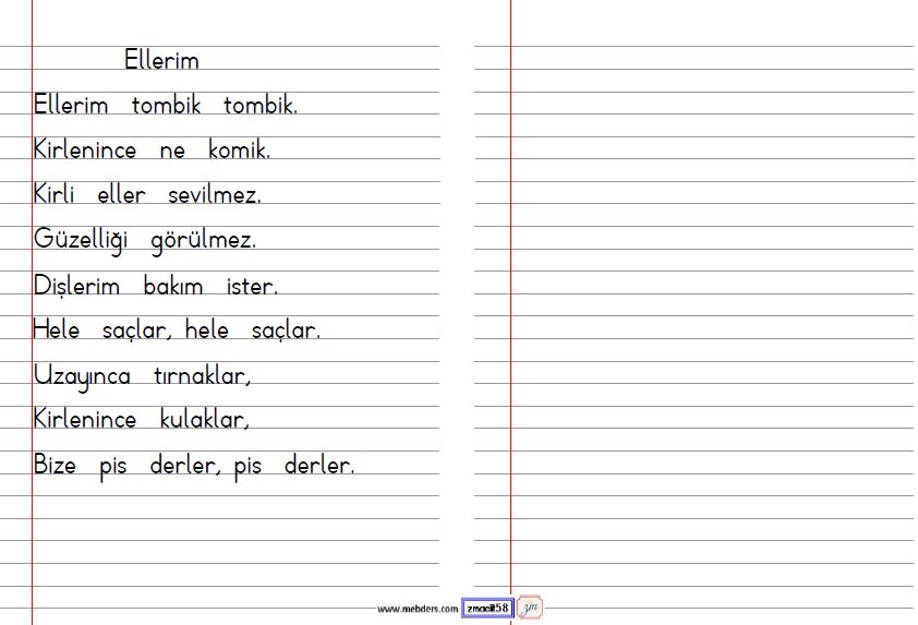 1. Sınıf Türkçe Çizgili Defter Sayfasına Yazma ve Okuma Etkinliği 4