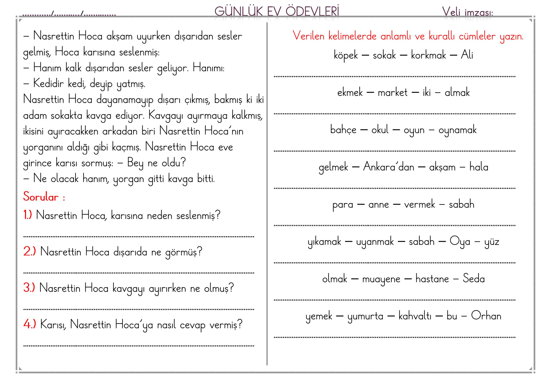 1.Sınıf - 20 Nisan 2026 Günlük Ev Ödevleri