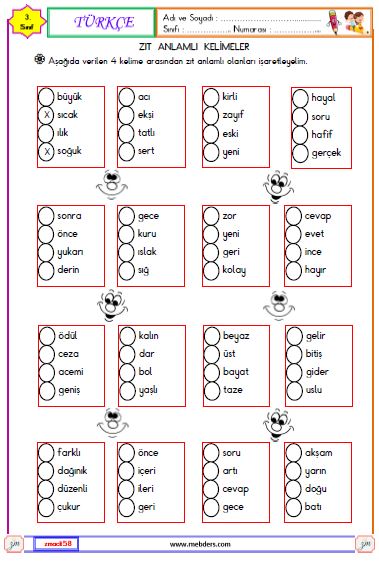 3. Sınıf Türkçe Zıt Anlamlı Kelimeler Etkinliği