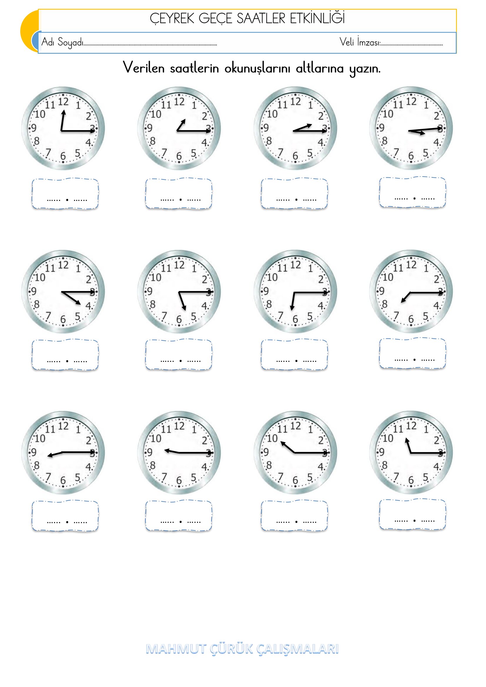 2.Sınıf - Matematik - Çeyek Geçe Saatler Etkinliği
