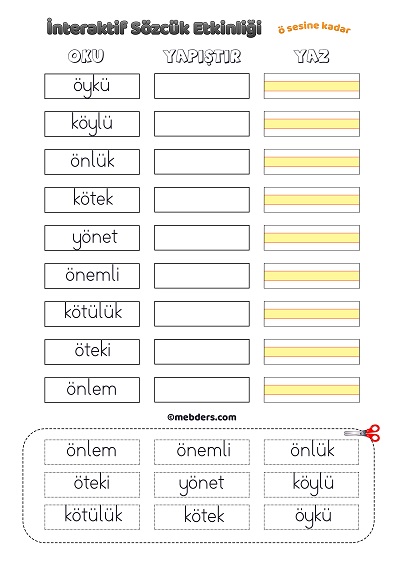 İnteraktif Sözcük Etkinliği - Ö Sesine Kadar