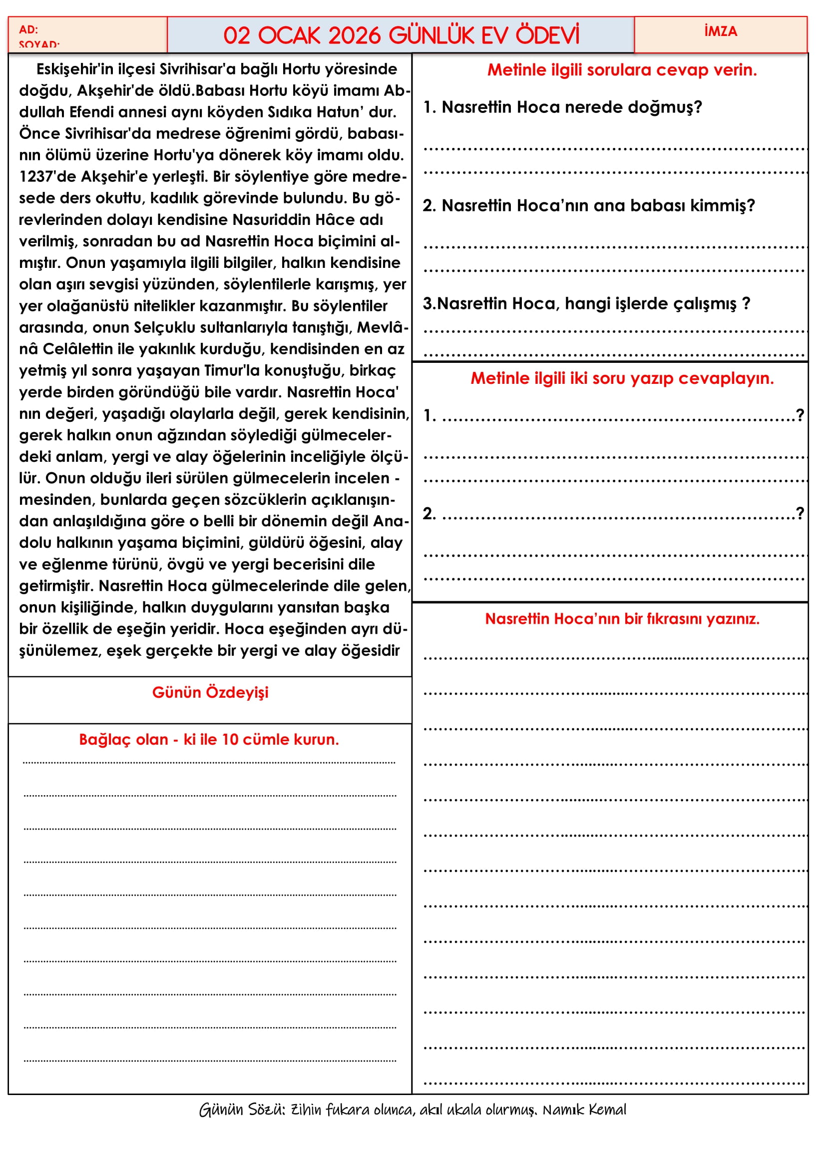 4.Sınıf - 02 Ocak 2026 Günlük Ev Ödevleri