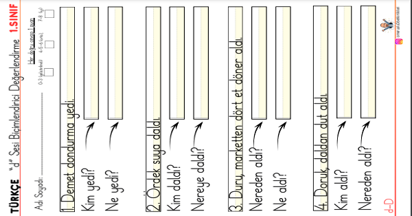 1. Sınıf İlk Okuma Yazma D-d Sesi 5N 1K Değerlendirme Etkinliği