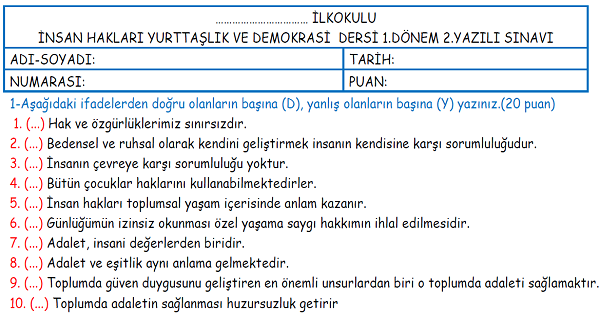 4.Sınıf İnsan Hakları Yurttaşlık ve Demokrasi Dersi 1.Dönem 2.Yazılı Sınavı