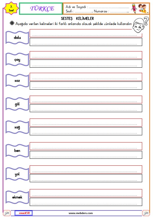3. Sınıf Türkçe Sesteş Kelimeler Etkinliği 2