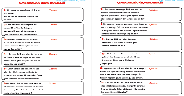 4. Sınıf Matematik Çevre Uzunlukları ile İlgili Problemler 10