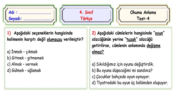 4.Sınıf Türkçe Okuma Anlama Sene Sonu Değerlendirme Testi 4