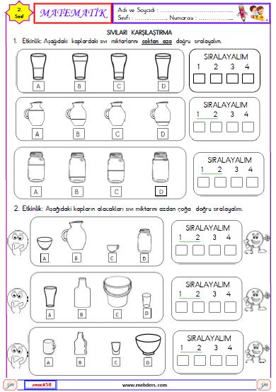 2. Sınıf Matematik Sıvıları Ölçme Etkinliği 3