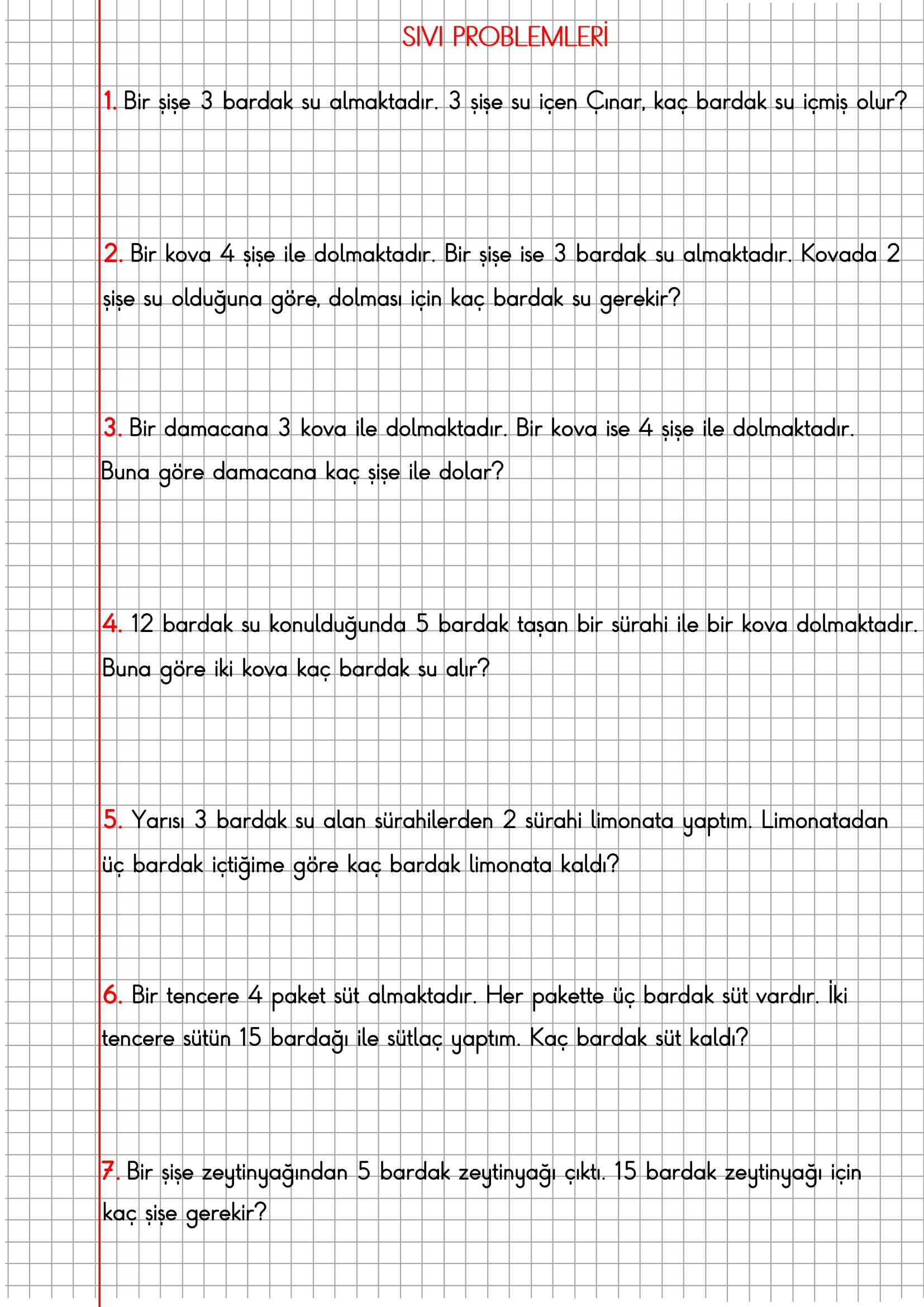 2.Sınıf Matematik Kareli Defterde Sıvı Ölçüsü Problemlerii