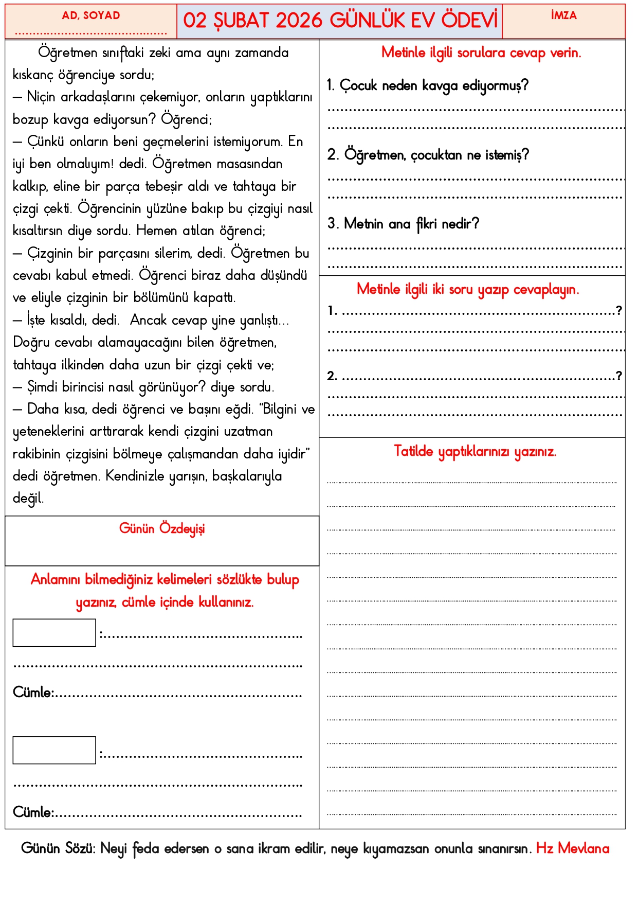 3.Sınıf - 02 Şubat 2026 Günlük Ev Ödevleri