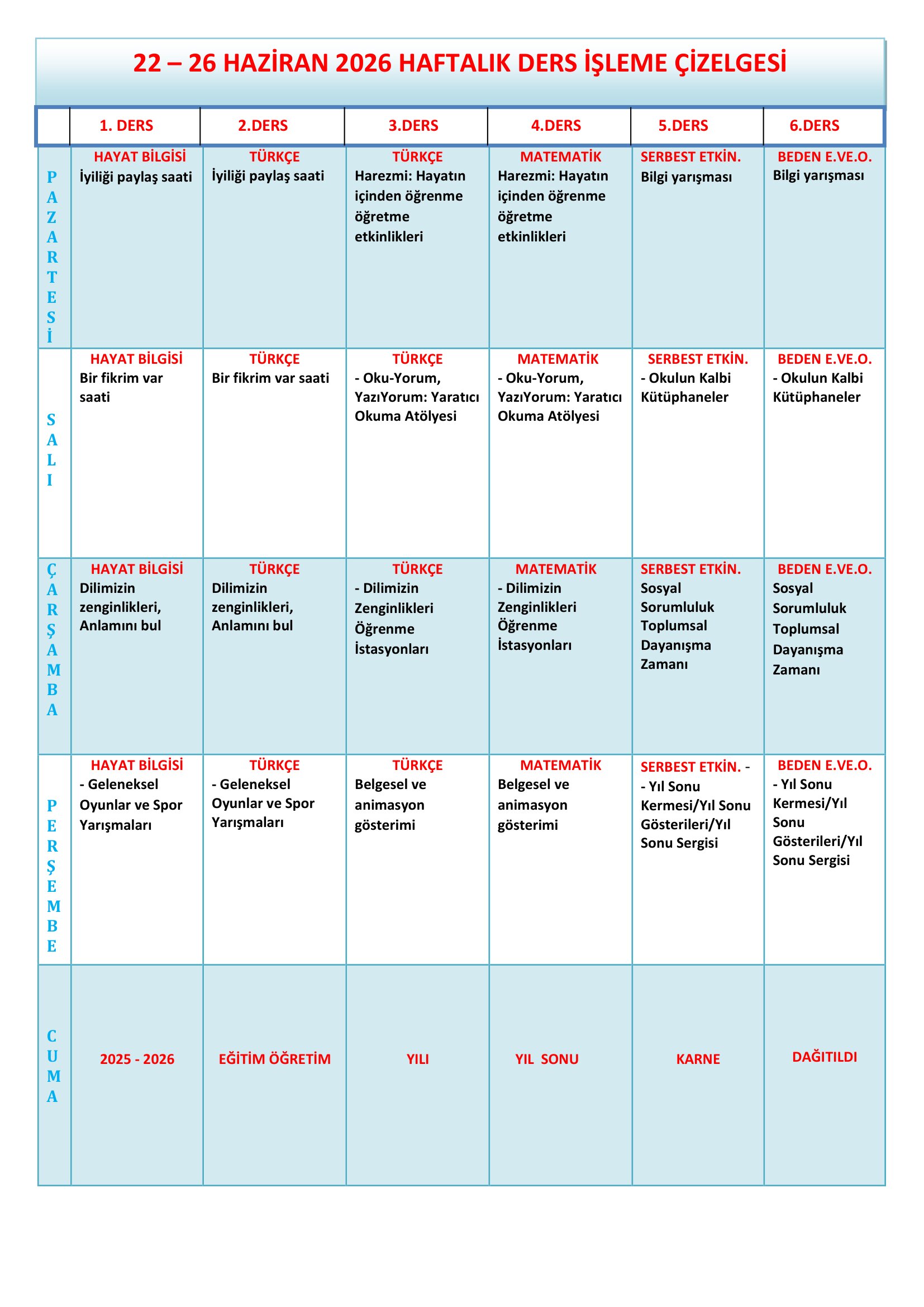 4.Sınıf 22 - 26 Haziran 2026 Haftalık Ders İşleme Çizelgesi.doc