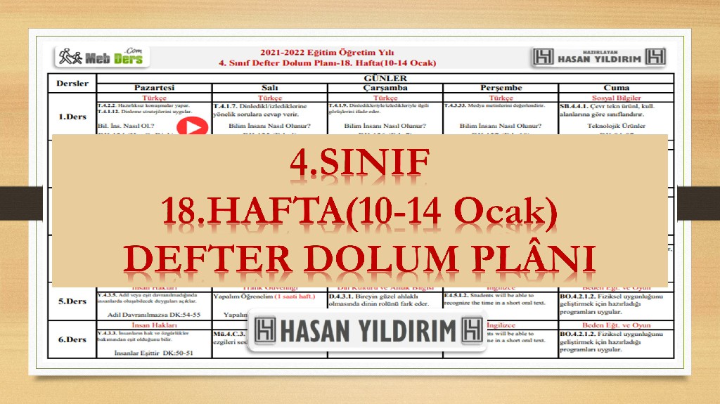 4.Sınıf 18.Hafta(10-14 Ocak) Defter Dolum Planı