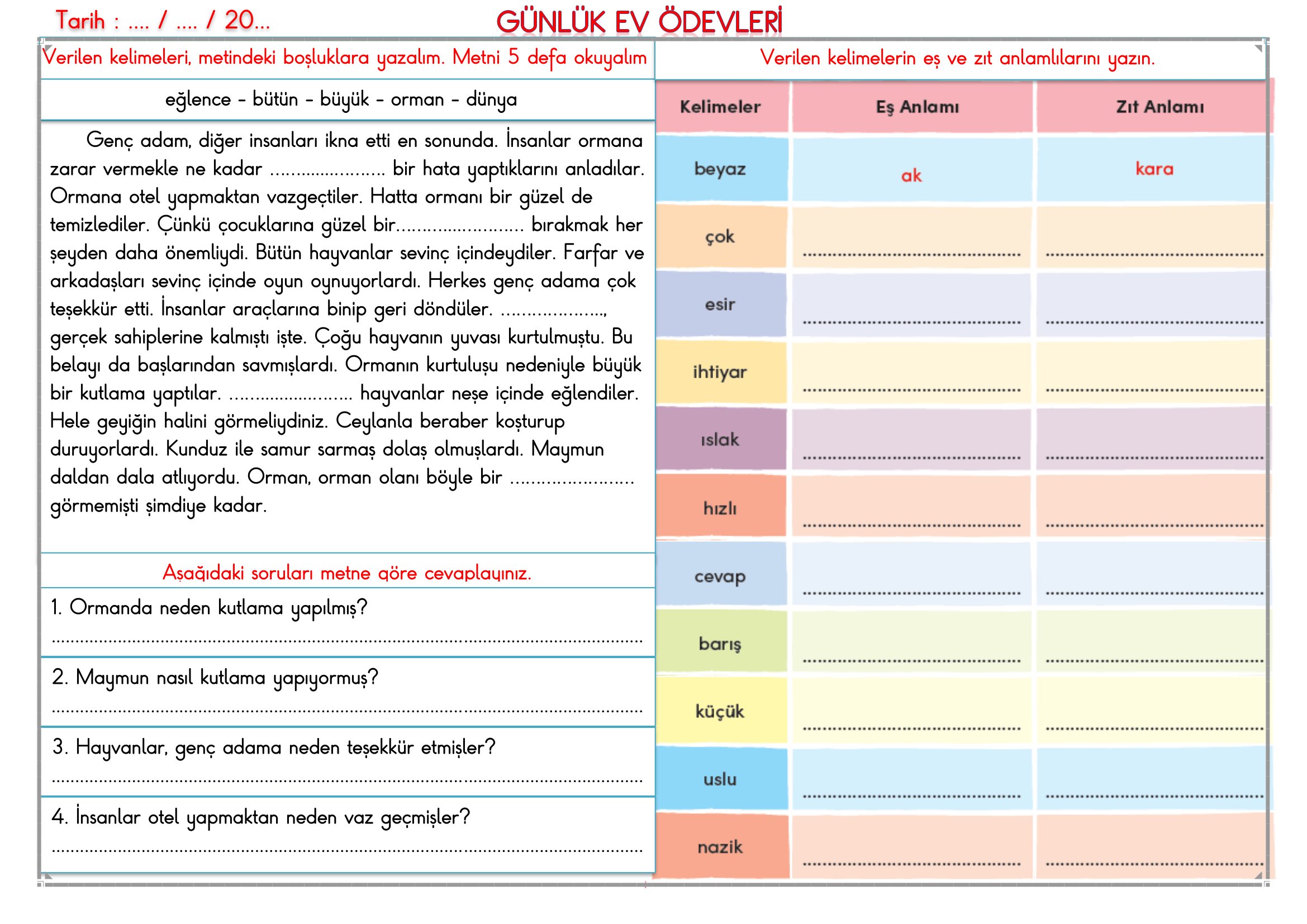 2.Sınıf - 03 Mart 2026 Günlük Ev Ödevleri