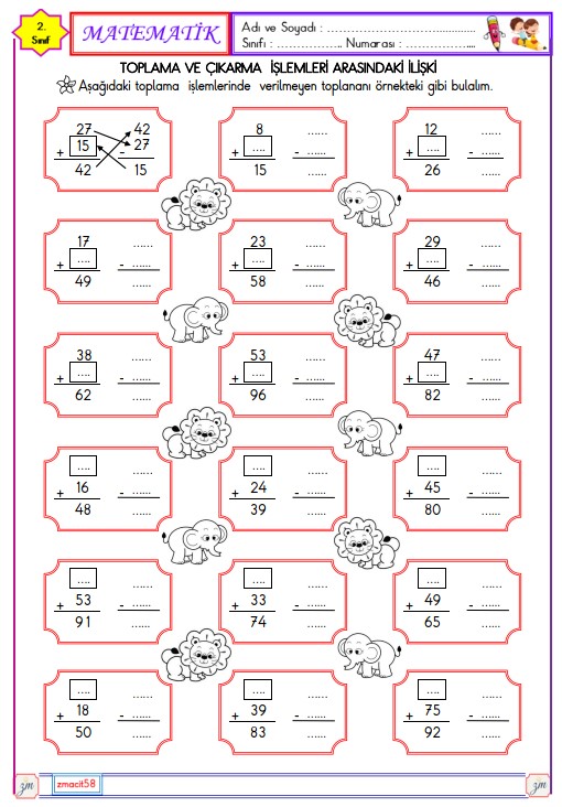 2. Sınıf Matematik Toplama ve Çıkarma  İşlemleri Arasındaki İlişki Etkinliği 1