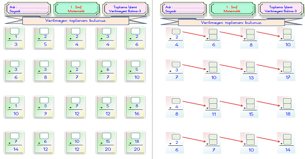 1.Sınıf Matematik Toplama İşlemi Verilmeyenleri Bulma-3