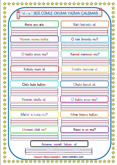 1.Sınıf U-u Sesi Cümle Okuma Yazma Çalışması   (17 Farklı Cümle)