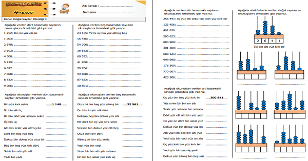 4.Sınıf Matematik Doğal Sayılar Etkinliği 3