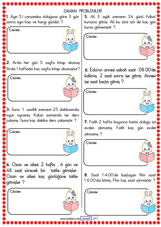 2. Sınıf Matematik Zaman Problemleri Etkinliği 1