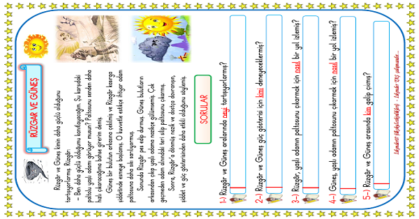 1. Sınıf Türkçe Okuma Anlama (Rüzgar ve Güneş) Metni