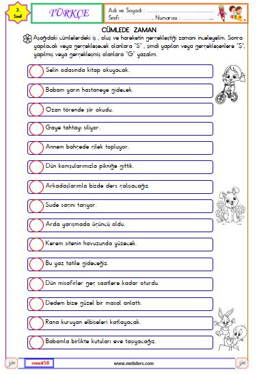 3. Sınıf Türkçe Cümlede Zaman Etkinliği