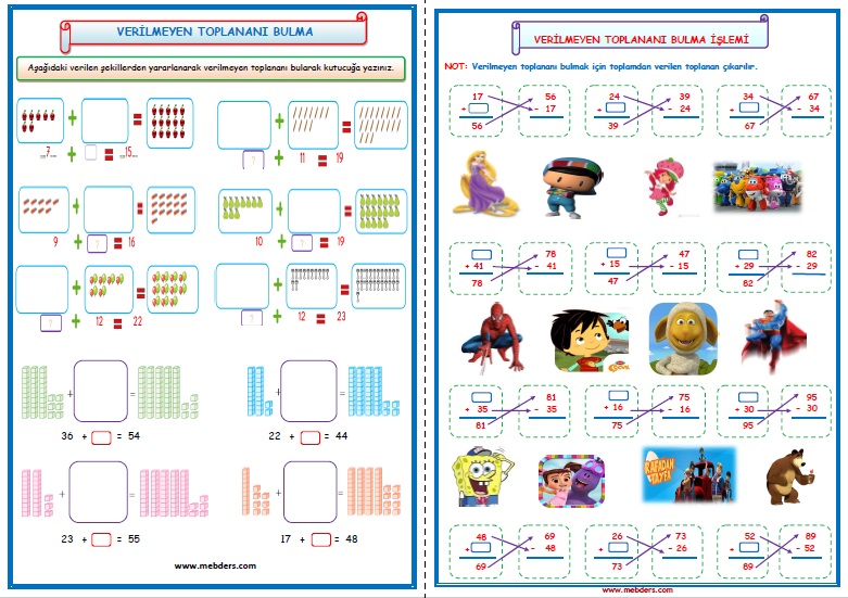 2.Sınıf Matematik Verilmeyen Toplananı Bulma  (6 Sayfa)