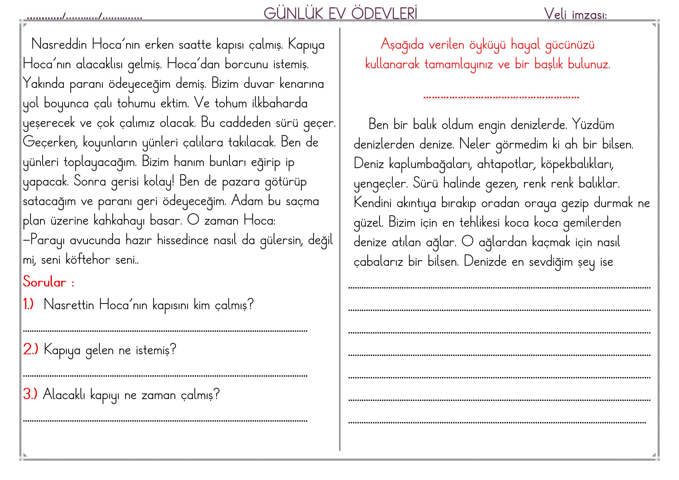 1.Sınıf - 27 Mart 2026 Günlük Ev Ödevleri