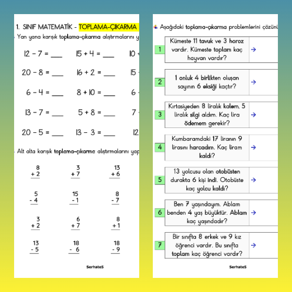 1. Sınıf Matematik - Toplama ve Çıkarma Etkinlikleri - 1