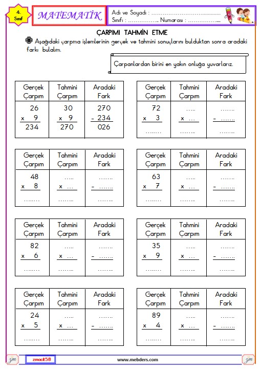 4. Sınıf Matematik Çarpımı Tahmin Etme Etkinliği