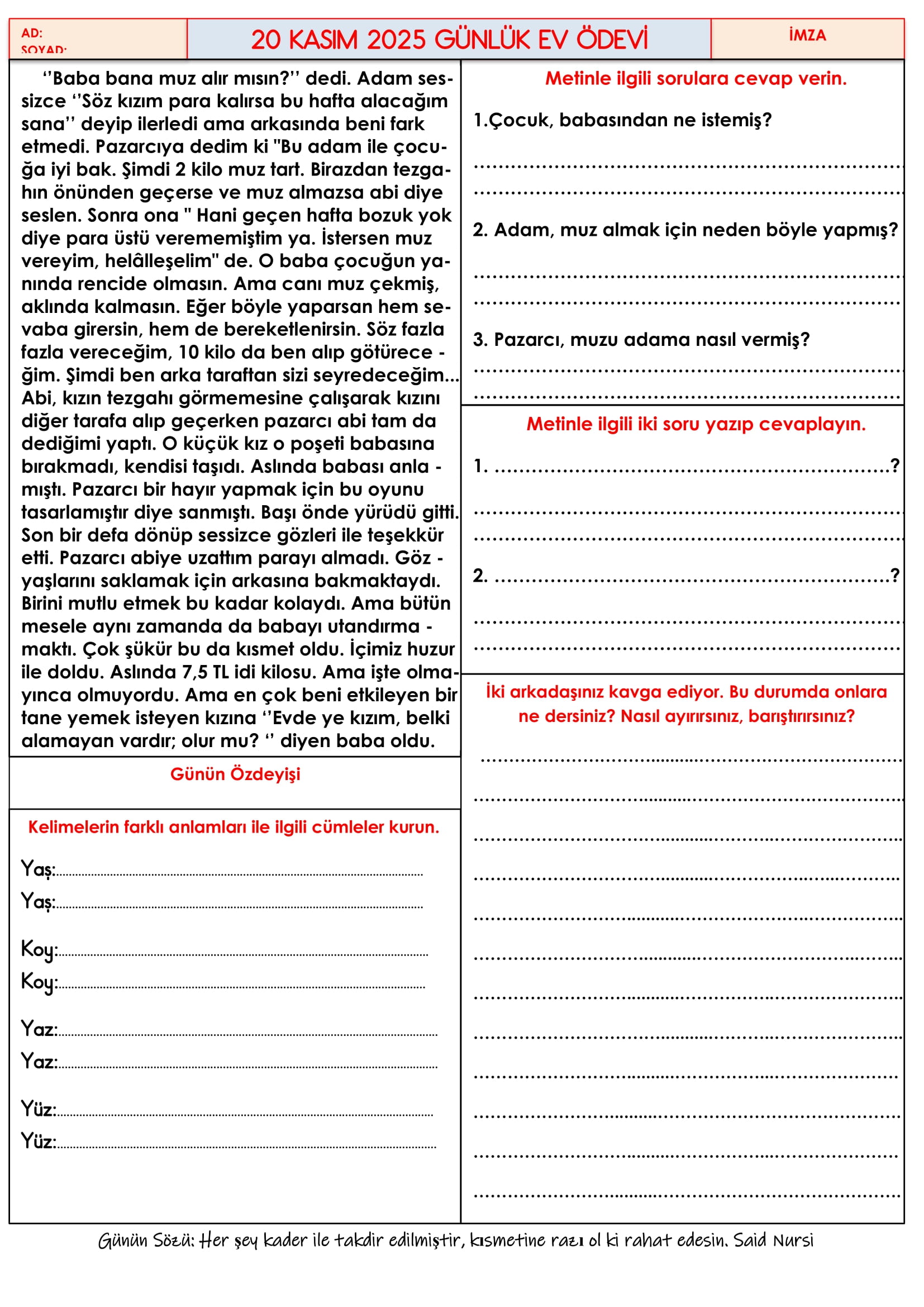 4.Sınıf - 20 Kasım 2025 Günlük Ev Ödevleri