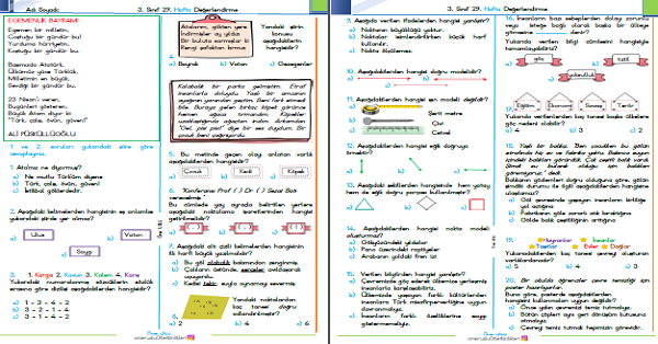 3. Sınıf Haftalık Kazanım Değerlendirme Testi 29. Hafta (20-24 Nisan)