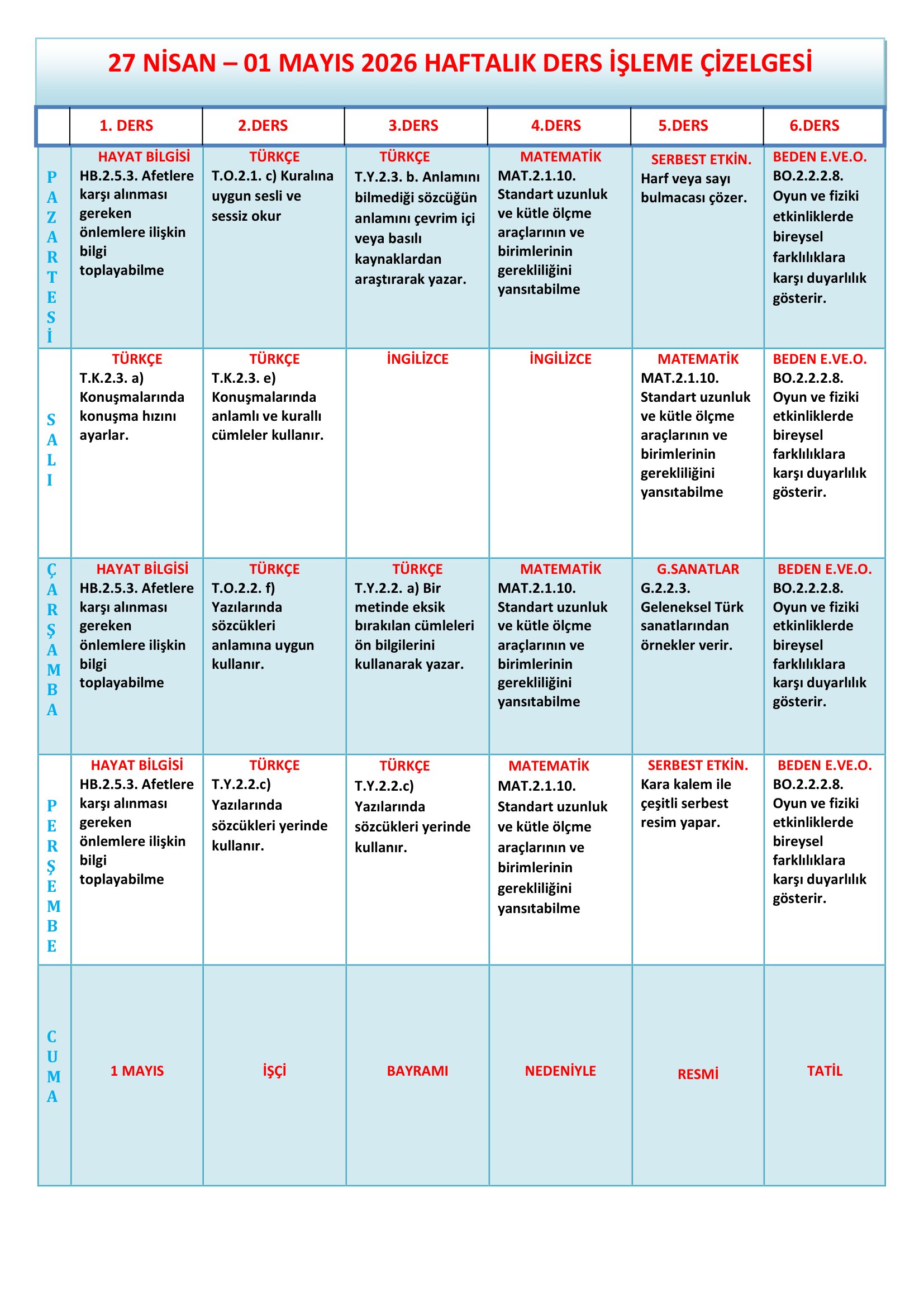 2.Sınıf 27 Nisan - 01 Mayıs 2026 Haftalık Ders İşleme Çizelgesi.doc