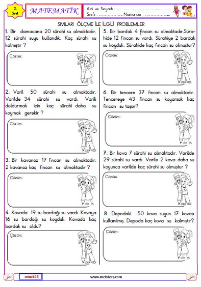 2. Sınıf Matematik Sıvıları Ölçme ile İlgili Problemler Etkinliği 2